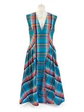 Maeve by Anthropologie Sleeveless V-Neck Basque-Waist Plaid Midi Dress Small